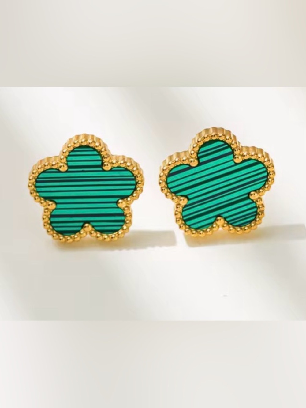 Green Striped malachite Clover Stud Earrings - Gold Trim